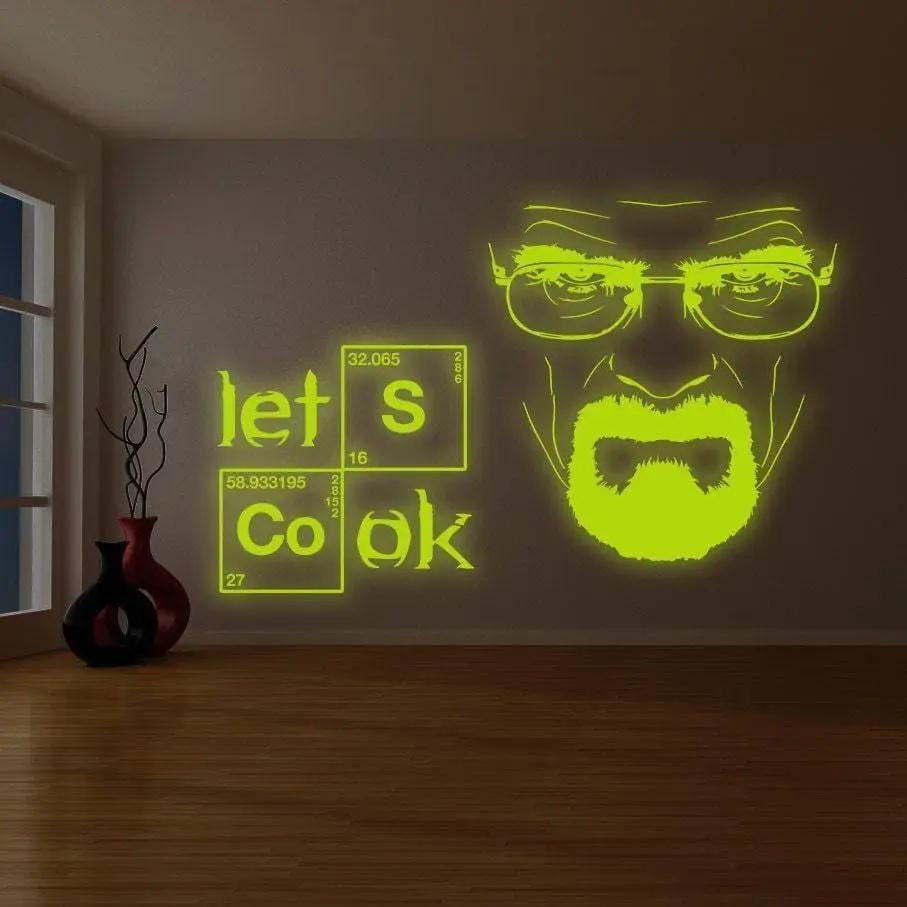 Glow-in-the-dark wall decal featuring a character with the text 'Let's Cook' in bright green.