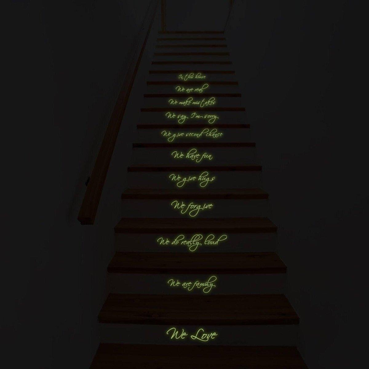 Glow-in-the-dark staircase decal with inspirational family quotes creating a warm, enchanting ambiance.