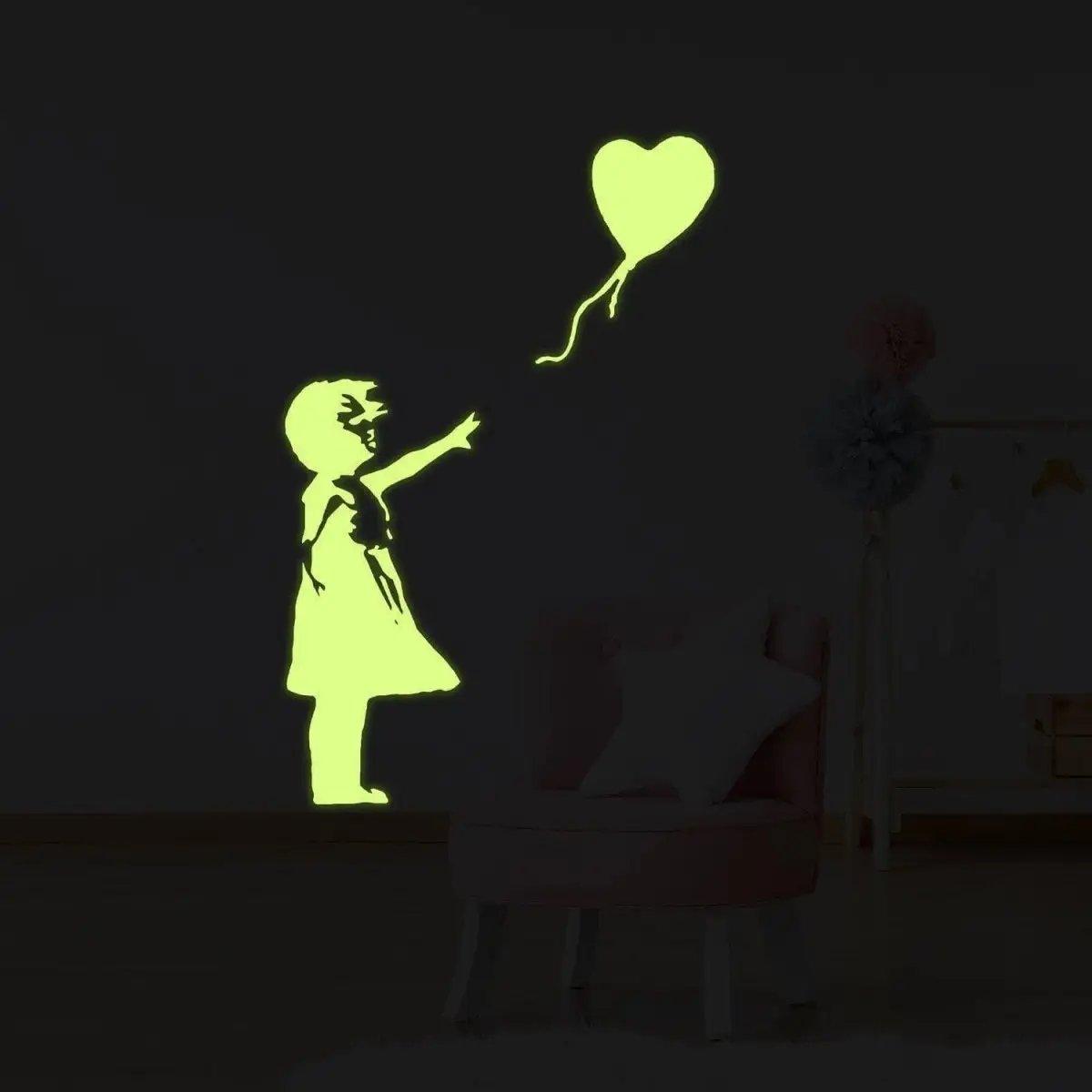 Girl silhouette reaching for a glowing heart balloon decal in a cozy room, perfect for magical night decor.