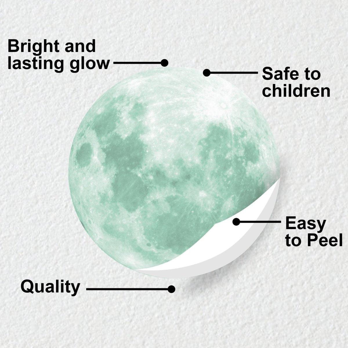 Glowing moon wall decal showing bright glow, child-safe, easy to peel, and high-quality features for bedroom decor.