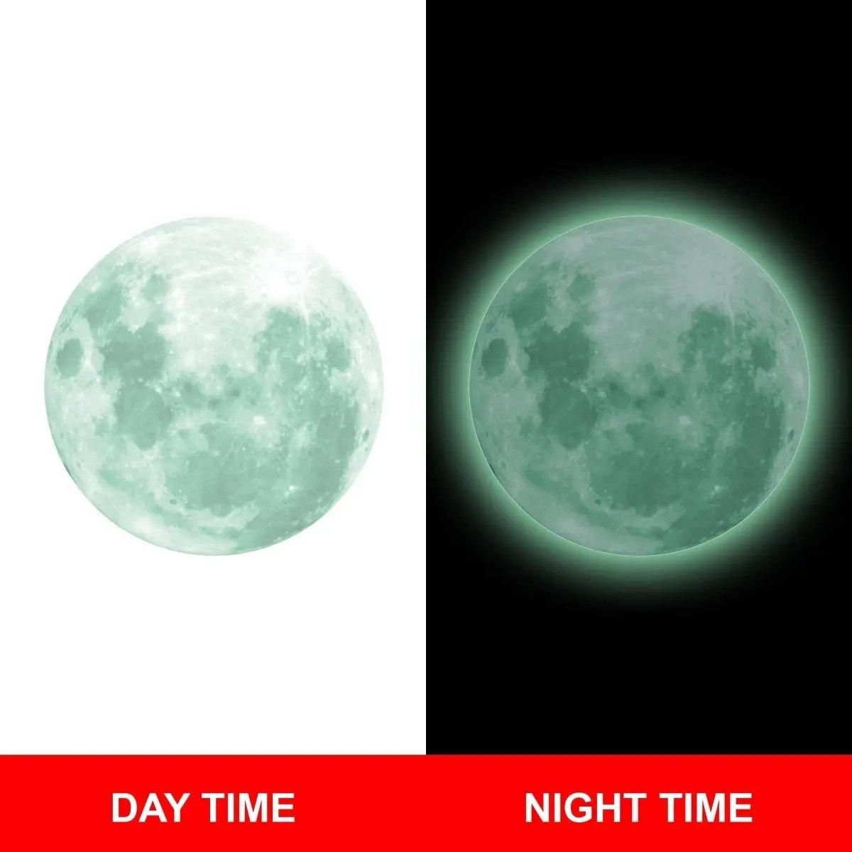 Glow in the dark moon wall decal shown in day and night settings, perfect for children's room décor.
