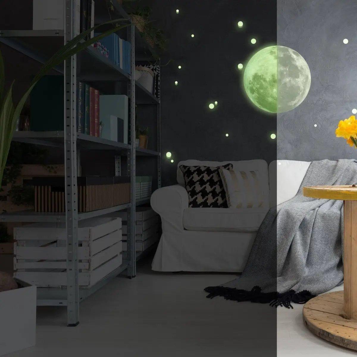 Glowing moon and stars wall decals in a cozy living room, creating a magical space theme decor.
