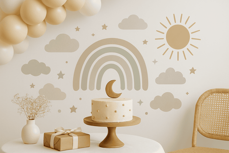 Gender-neutral baby shower decor with peel-and-stick wall art