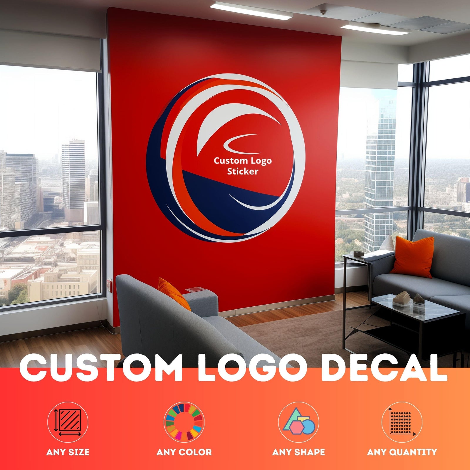 Custom business logo printed as a vinyl wall decal in an office setting