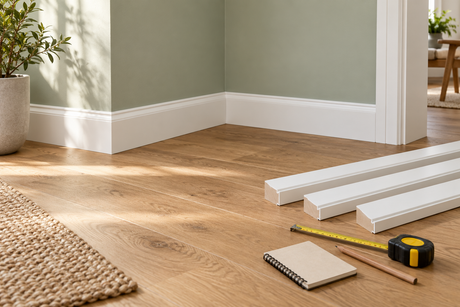 White baseboards along a sage green wall with spare matching boards, a tape measure, pencil and notebook on an oak floor