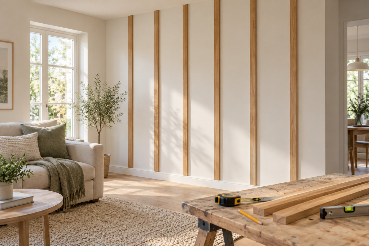 Vertical oak battens spaced across a light wall, with a tape measure, pencil and spare strips on a workbench