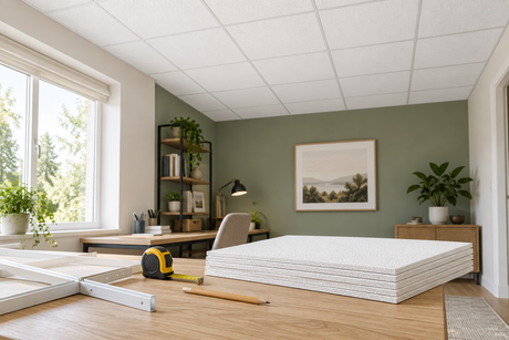 White ceiling panels, tape measure and a grid sample on an oak table in a bright study with a finished suspended ceiling