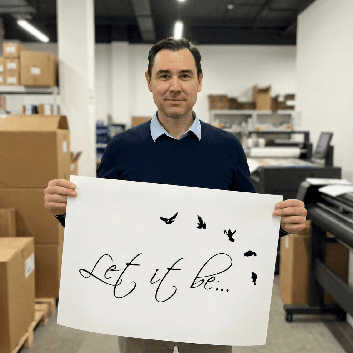 Mees trükikojas hoiab valget lehte kirjaga Let it be ja lendavate lindude siluettidega.