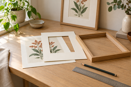 Botanical print, ivory window mat, oak picture frame, ruler and pencil on a wooden desk