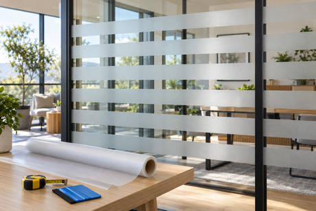 Horizontal frosted film stripes on a glass partition, with a film roll, measuring tape and squeegee on a table