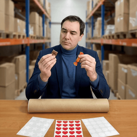 Ein Mann hält Schokolade und ein verpacktes Bonbon hinter einem Tisch mit einer Versandrolle aus Pappe und Bögen mit Sternen, Kreisen und Herzen als Aufkleber.