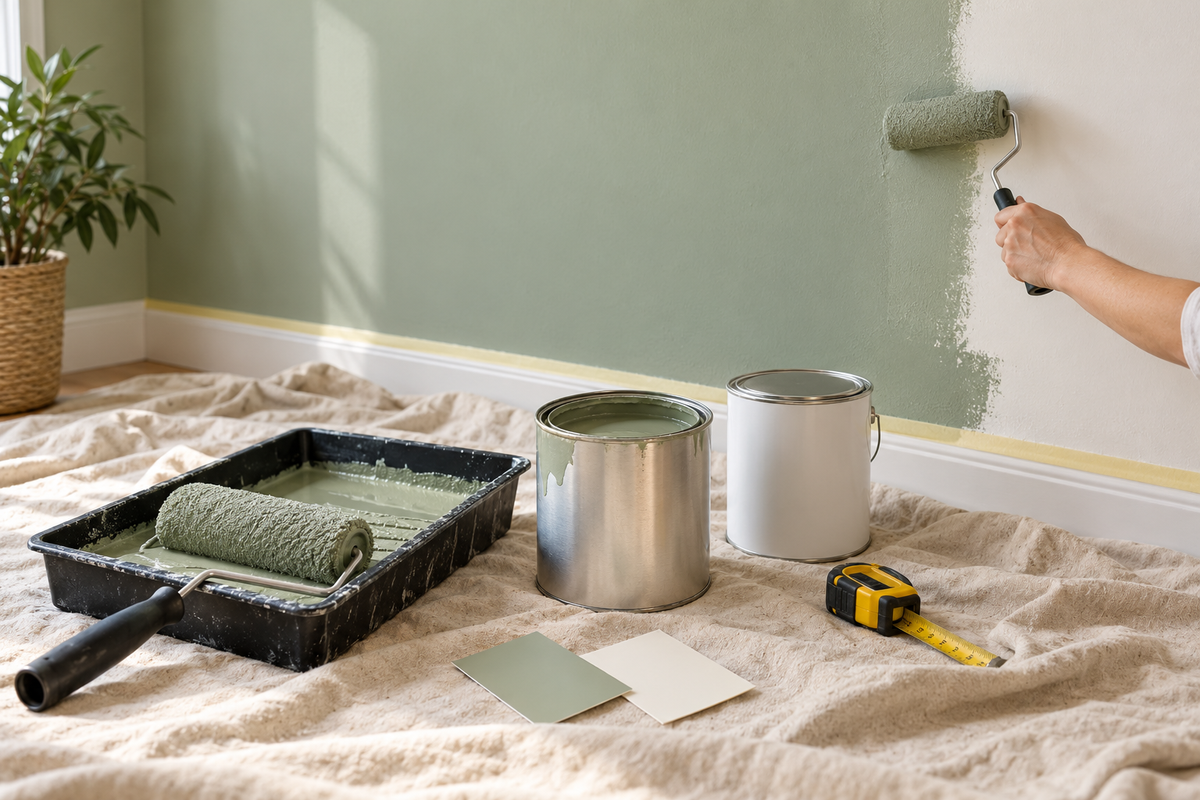Painting a sage green wall with paint cans, a roller tray and a measuring tape on a protected floor
