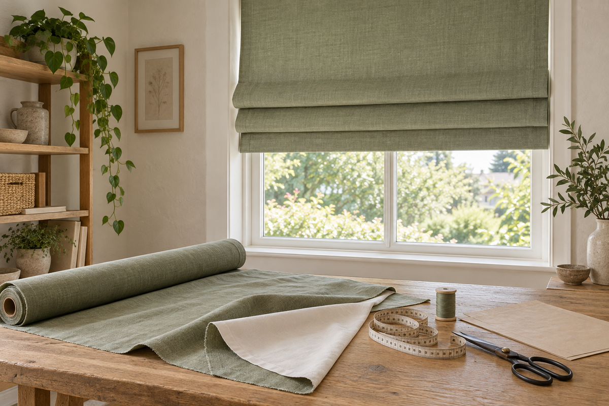 Sage linen Roman blind above a sewing table with matching main fabric, ivory lining, measuring tape and closed scissors