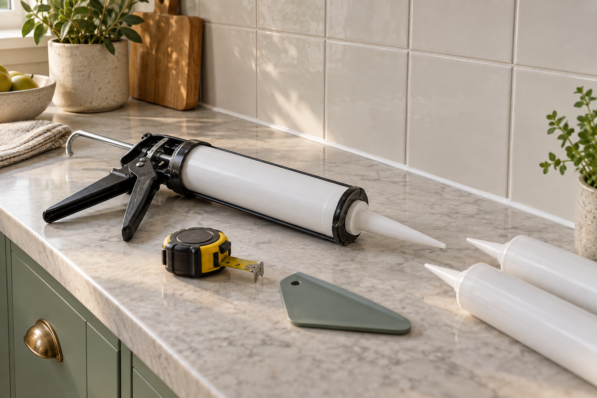 Caulking gun, silicone cartridges and measuring tools beside a sealed kitchen worktop and tiled backsplash