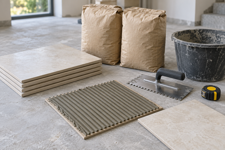 Porcelain tile samples, plain adhesive bags, a notched trowel and a sample board with straight adhesive ridges