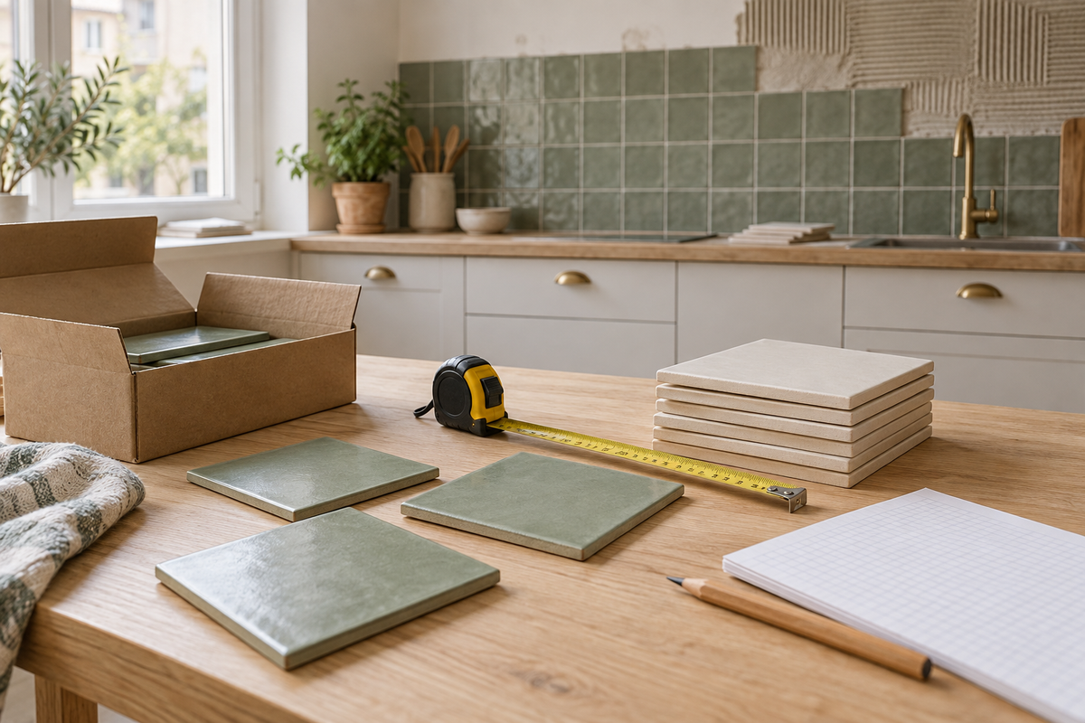 Sage green and cream tile samples, a tile box, tape measure and planning paper in a kitchen renovation