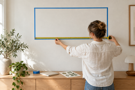 Measuring a taped wall outline above a cabinet before choosing a wall decal size