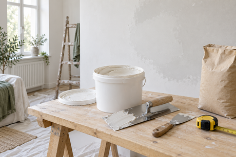 Wall filler bucket, dry compound bag, finishing trowel and measuring tape beside a freshly skimmed interior wall