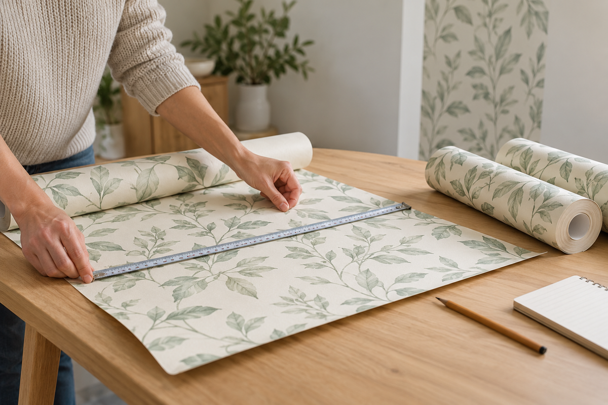 Measuring botanical wallpaper on a table before planning wall strips and roll quantities