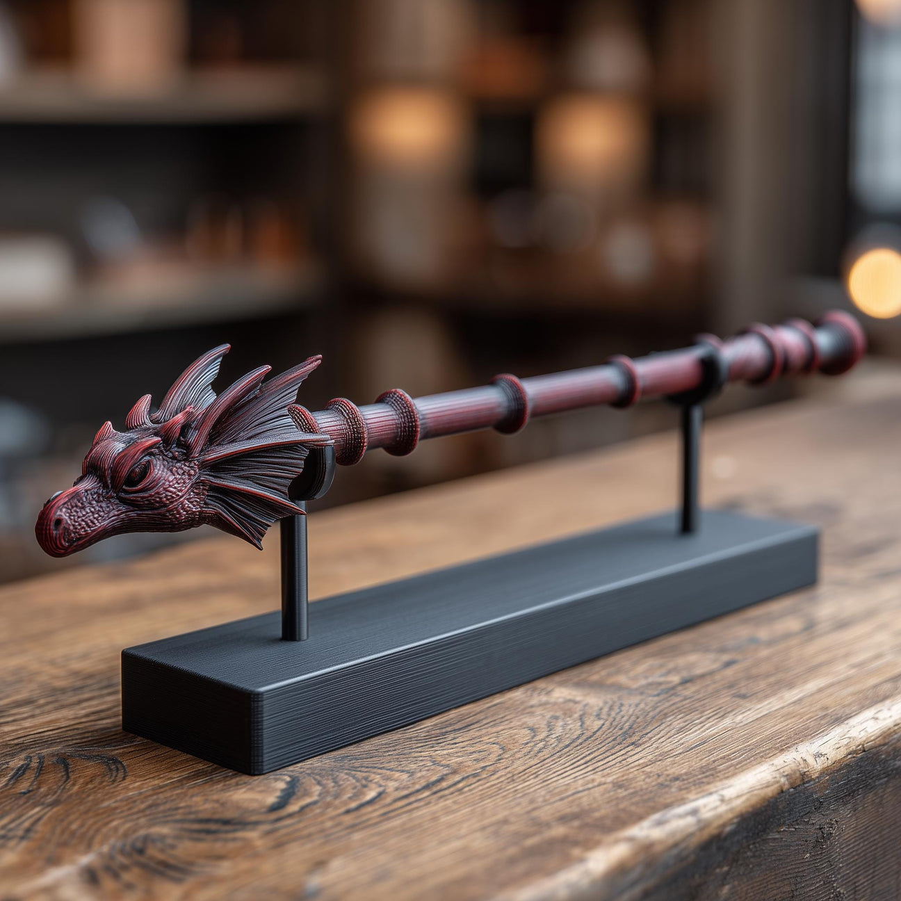 3D-gedruckter Zauberstab mit Drachenkopf und schwarzem Präsentationsständer