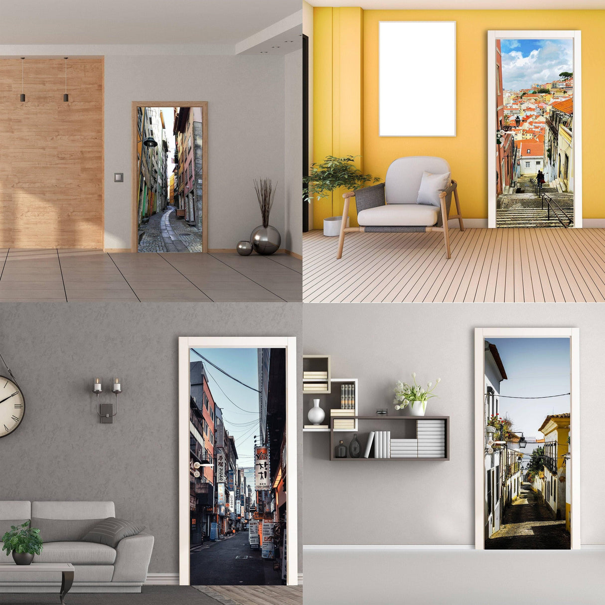 Four images of rooms featuring different 3D door murals, showcasing vibrant street scenes and stylish interiors.