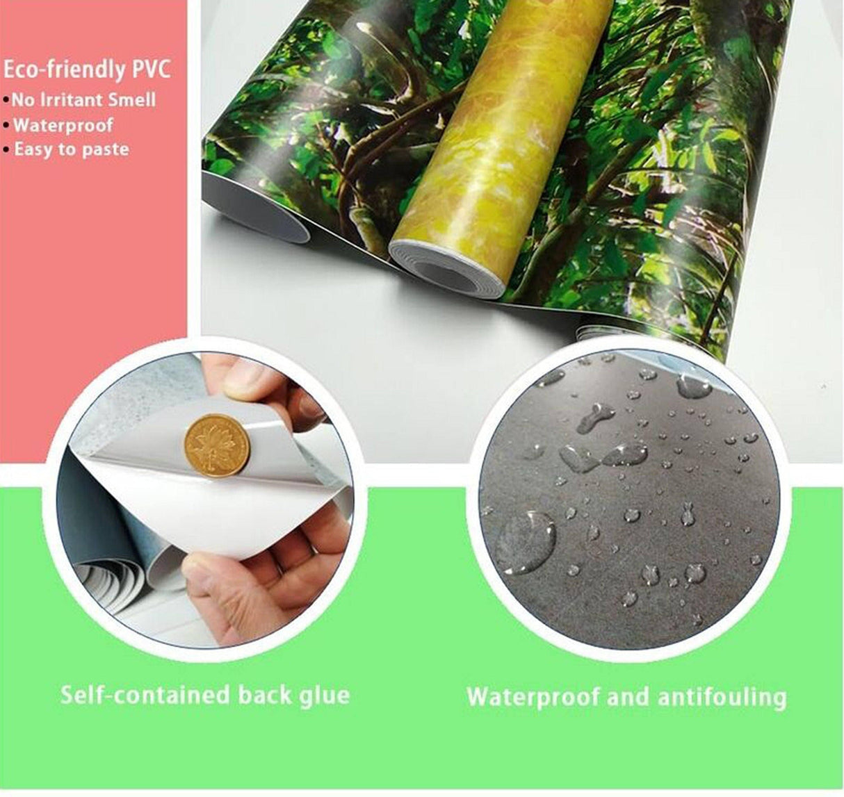 Product features collage showcasing eco-friendly PVC, waterproof material, self-contained back glue, and easy application.