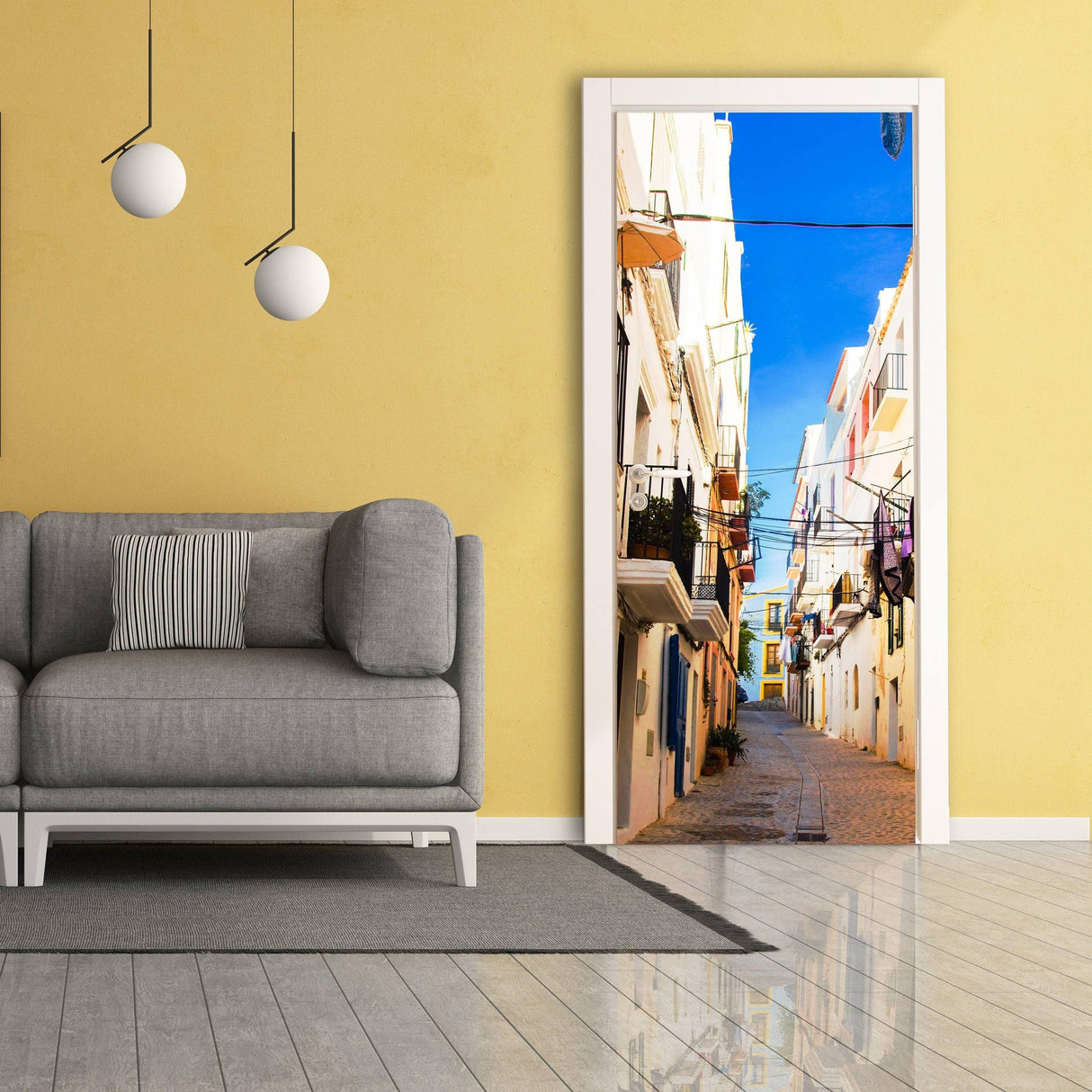 3D door mural featuring a vibrant street scene, enhancing room decor with colorful artwork.