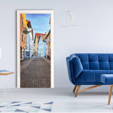 3D Door mural featuring a vibrant street scene on a door, enhancing room decor with peel and stick design.
