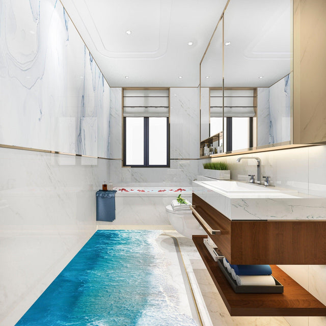 3D ocean beach floor decal in a dry bathroom setting