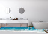 Modern bathroom with 3D ocean paradise wall decal, featuring a bathtub and a stylish vanity.
