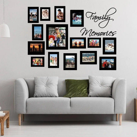 Family Memories photo frame wall decal displayed above a sofa in a furnished living room.