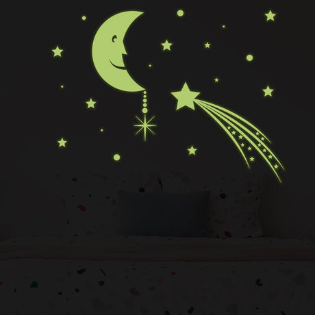 Glowing Moon with Stars Sky Sticker - Glow in the Dark Falling Star Decor Decals