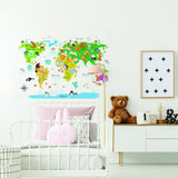 Kids World Map Wall Decal - Country Animal Room Decor Vinyl Sticker For Nursery