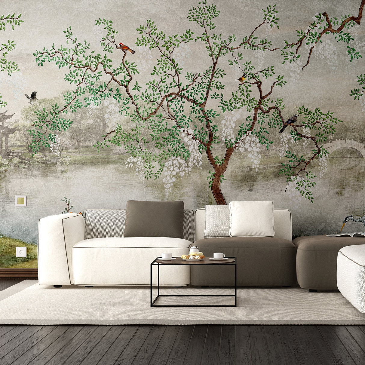 Toile Bedroom Chinoiserie Wallpaper Garden Vintage Sticker - Grey Adhesive Wall Paper Print Home Decor