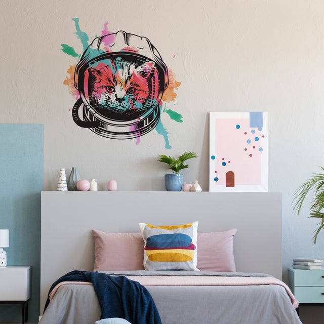 Space Cat Wall Art Decor Transfer Sticker - Funny Astronaut Kitten Decoration Decal