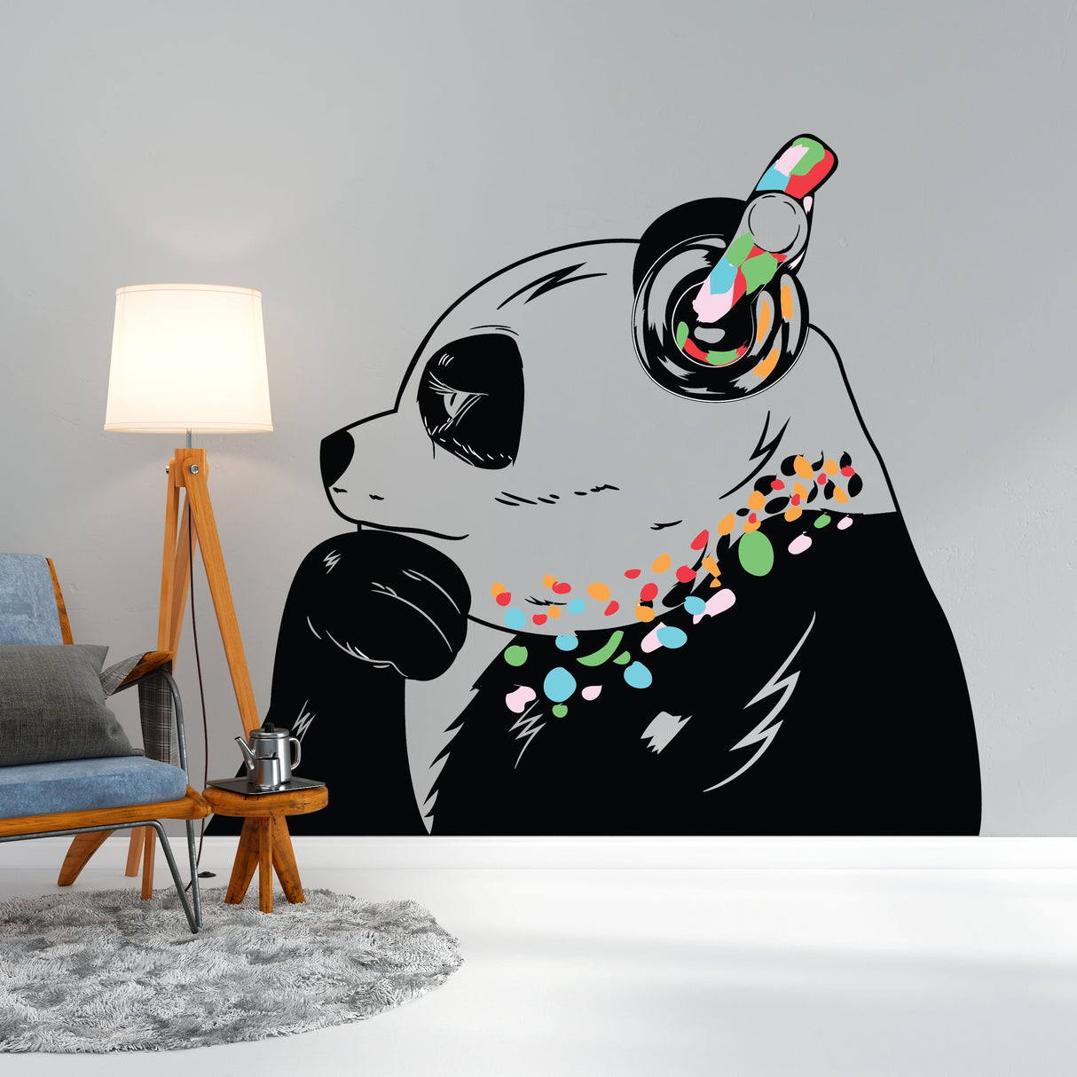 Panda Wall Art Sticker - Thinking Dj Panda Bear Head Headphones Vinyl Decal