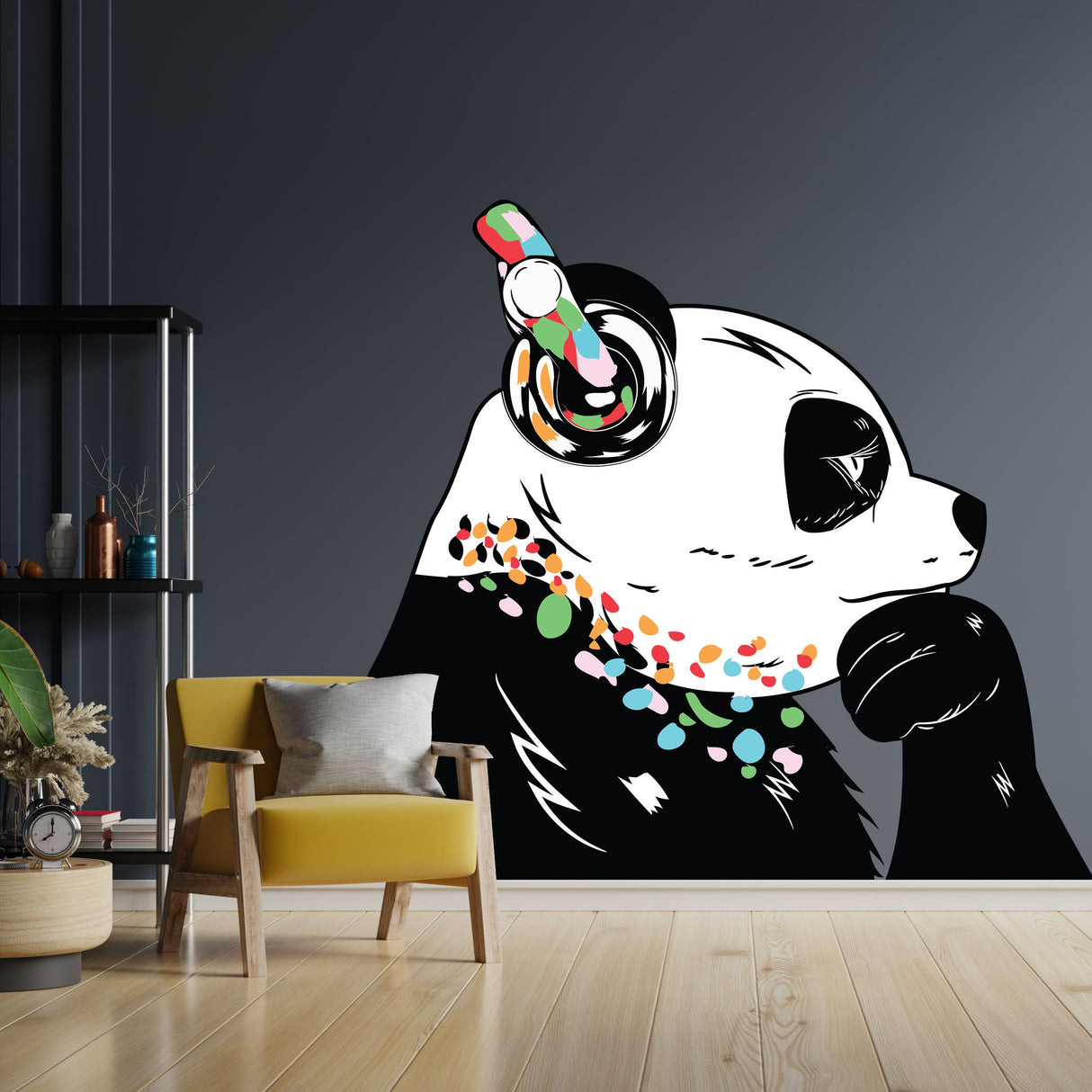 Panda Wall Art Sticker - Thinking Dj Panda Bear Head Headphones Vinyl Decal