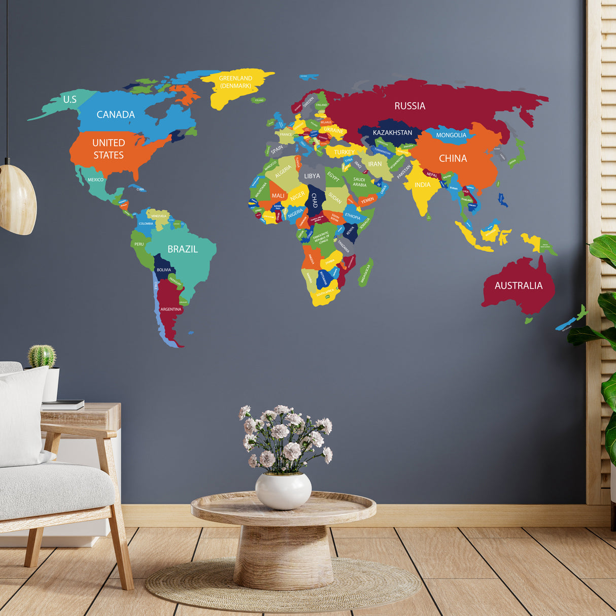 Large World Map Wall Decal - Giant Travel Globe with Country Names Vinyl Sticker
