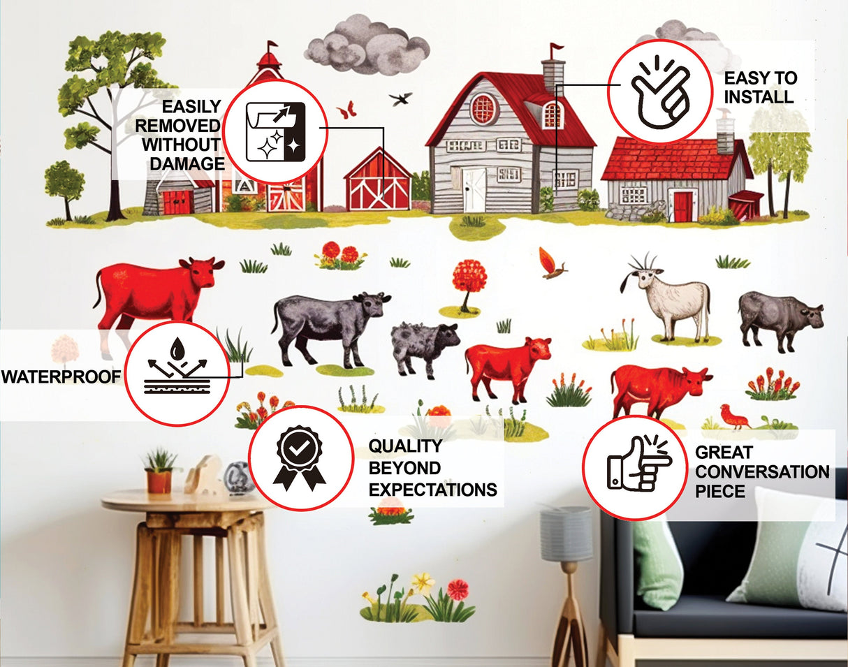 Farm Theme Wall Stickers - Watercolor Animals, Houses, and Fences Decor