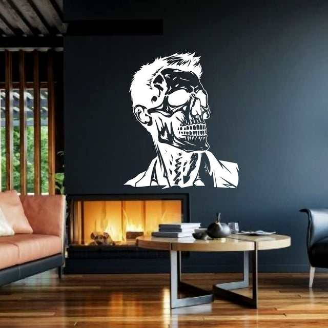Stylized skeleton portrait with hair silhouette shown as a standalone vinyl decal design.