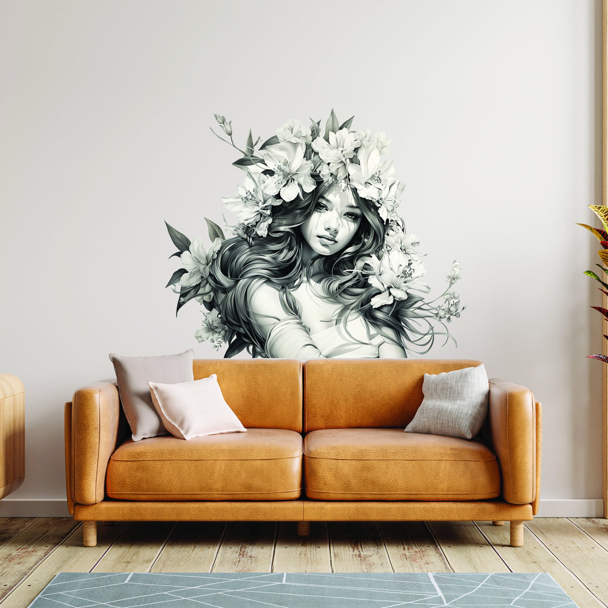 Stunning Woman with Floral Hair Wall Decal - Elegant Teen Vinyl Art Mural