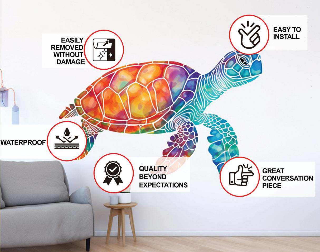 Vibrant Rainbow Sea Turtle Wall Decal - Ocean Life Removable Tortoises Sticker