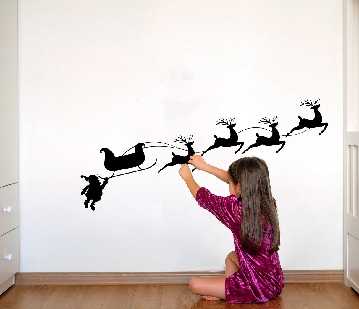 Humorous Santa & Sleigh with Deers Wall Decal - Christmas Silhouette Stickers