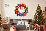 Enchanting Watercolor Christmas Wreath Wall Decal - Red Bow Colorful Ornaments Door Sticker