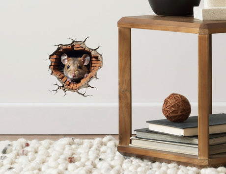 3D Mouse Hole Wall Sticker - Realistic Mouse Peeking from Mousehole Decal for Whimsical Room Decor