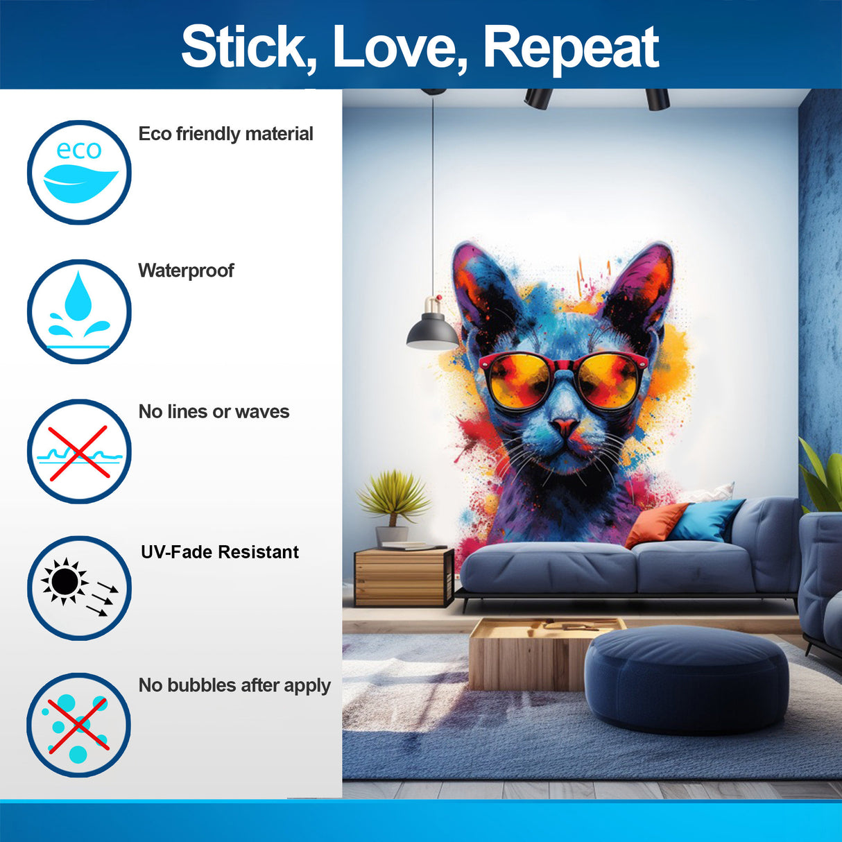 Colorful Watercolor Cat in Glasses Wall Decal - Vibrant Kitten Room Sticker Decor