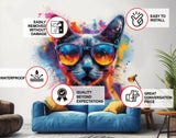 Cat with Sunglasses Wall Decal - Dynamic Watercolor Kitten Art Sticker for Modern Room Decor