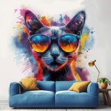 Cat with Sunglasses Wall Decal - Dynamic Watercolor Kitten Art Sticker for Modern Room Decor