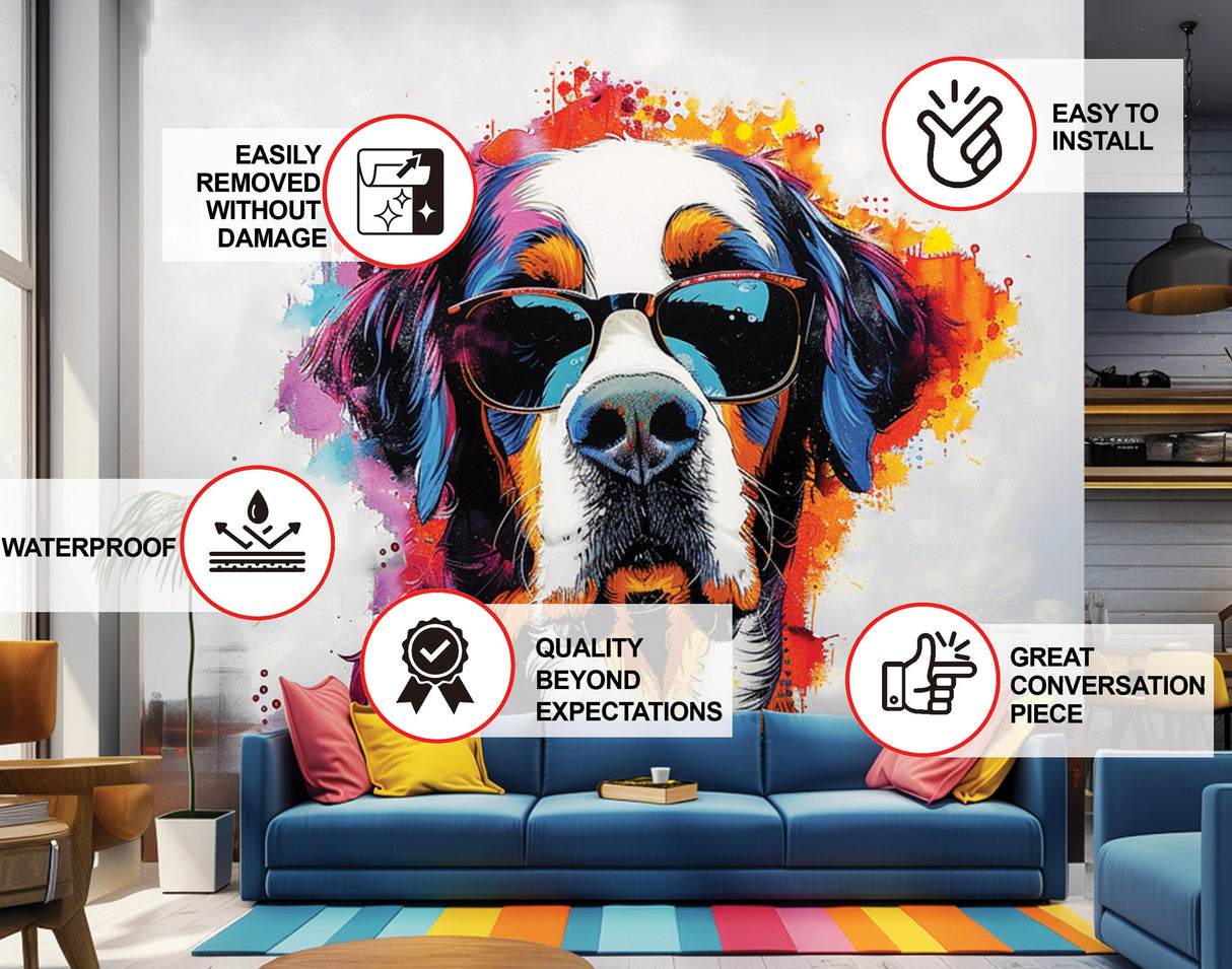 Colorful St. Bernard with Glasses Wall Decal - Bold Watercolor Bernese Mountain Dog Art Sticker