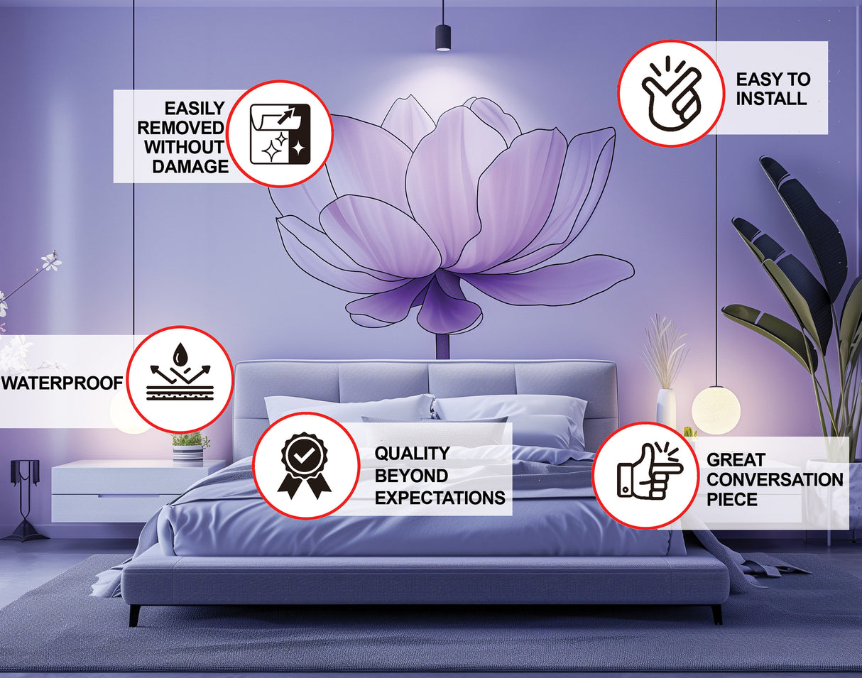 Purple Lotus Flower Wall Decal - Tranquil Peel and Stick Floral Art for Bedroom Sticker Decor